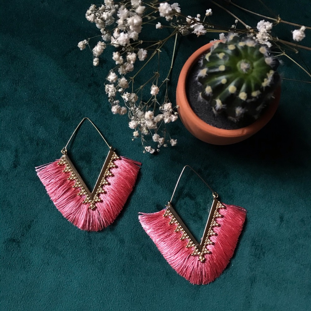 SOLD - Hot Pink V Shape Fringe earrings